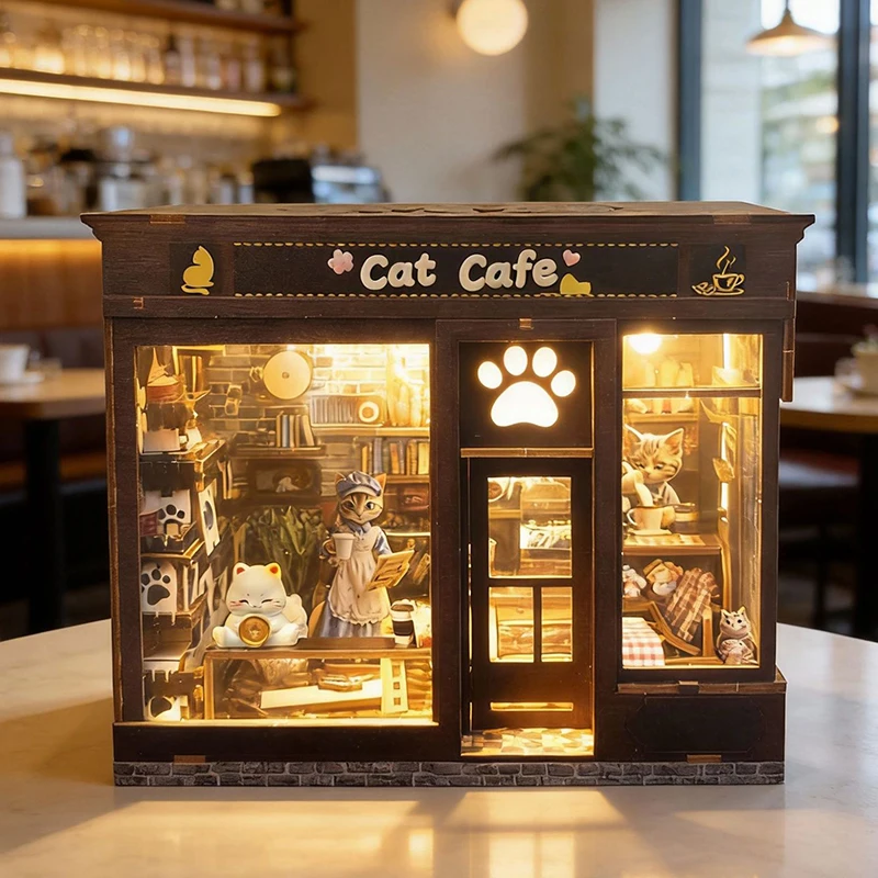 

Набор для сборки миниатюрной деревянной кофейни для кошек своими руками с мебелью и LED-подсветкой, кукольный домик, подарок друзьям на день рождения