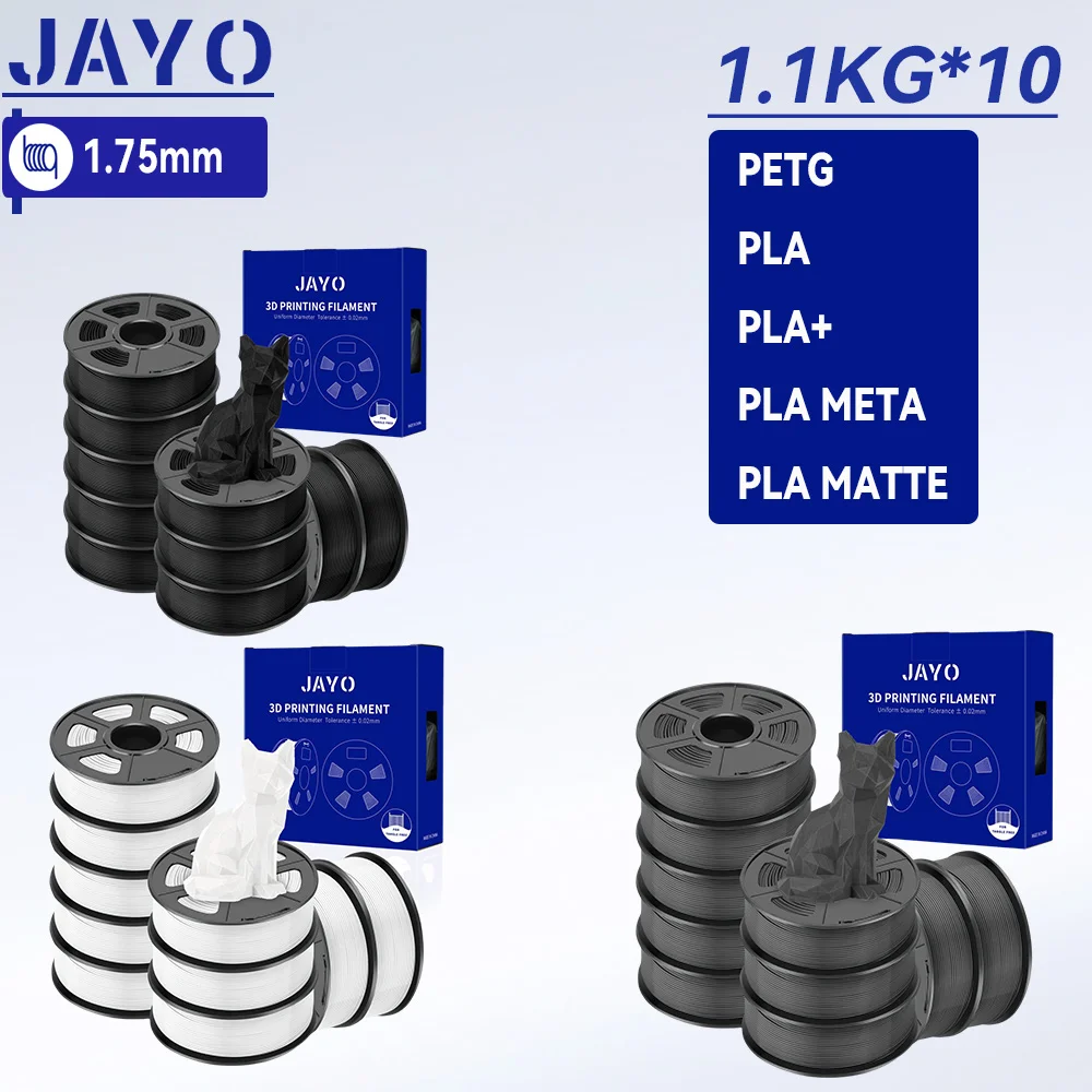 

JAYO 10 рулонов 3D PETG/PLA/PLA PLUS/PLA Meta/ PLA матовая нить для принтера 1,75 мм 100% без пузырьков, нетоксичные материалы для 3D-печати