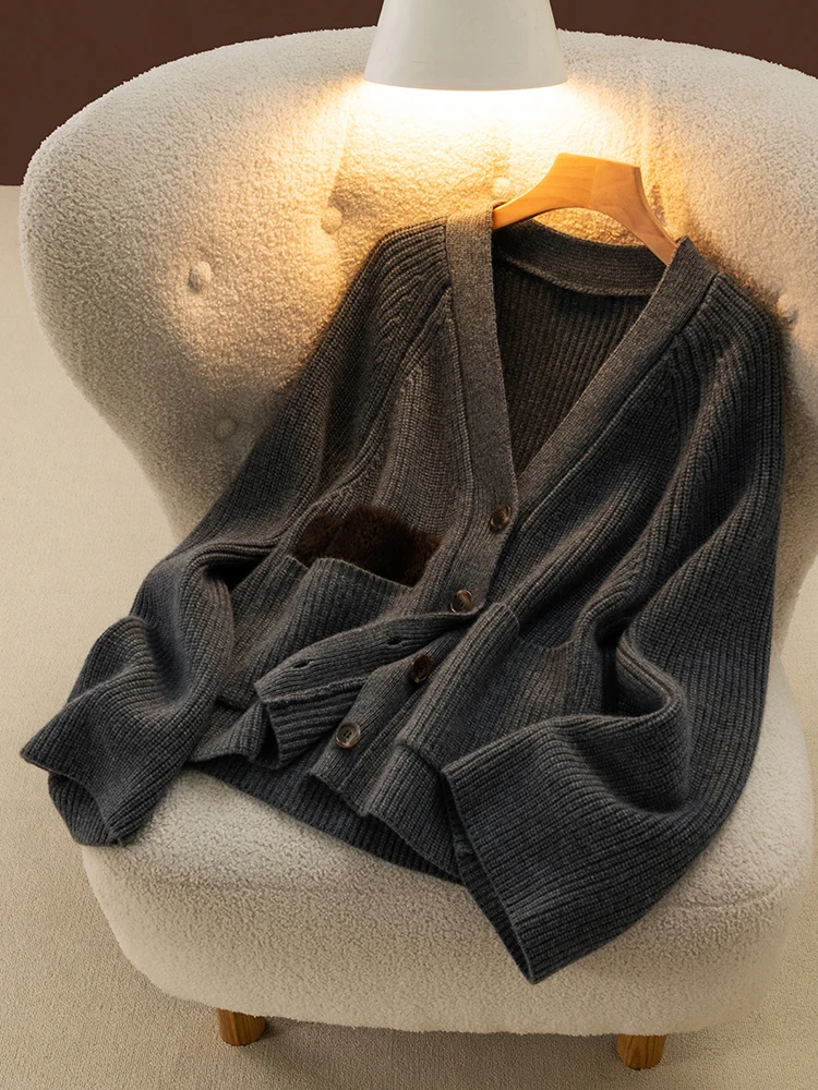 High Quality Women V-neck Cardigan Cashmere Sweater Autumn Winter Thick 100% Merino Wool Knitwear Comfort Loose Korean Fashion