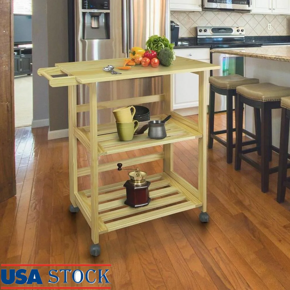 Folding Kitchen Cart Natural Solid Pine Serving Cart Portable Storage Towel Rack Lockable Casters Space Saver Two Shelves 1