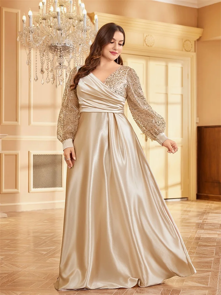 Lucyinlove Plus Size Luxury Gold V-Neck Sequin Evening Dress Elegant Women Party Maxi Dress Long Sleeve Cocktail Dress Prom Gown