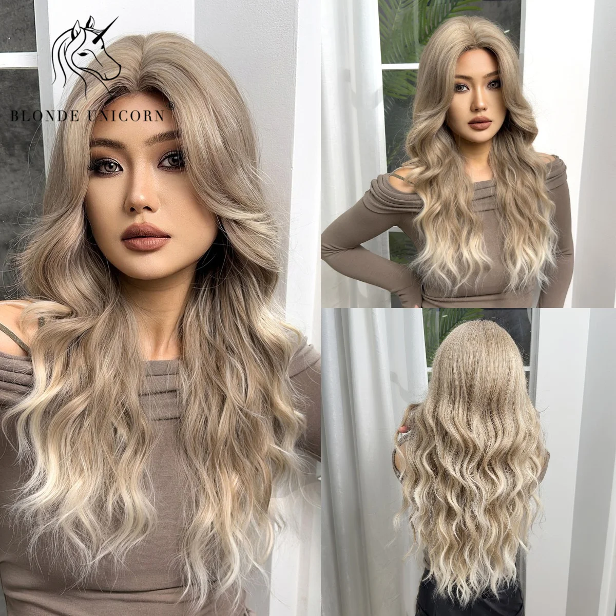 Blonde Unicorn Ombre Gloden Synthetic Wig Long Wavy Wigs Large scalp Daily Cosplay Party Use Heat Resistant Fiber for Women Hair