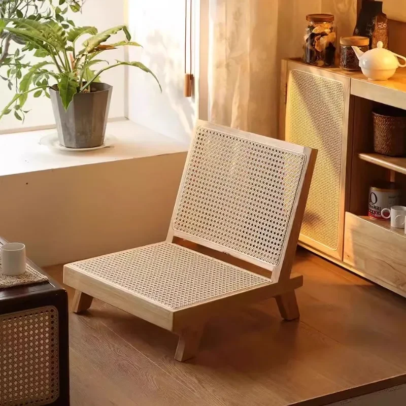 Japanese Retro Tatami Bay Window Tea Table Low Stool Solid Wood Rattan Woven Backrest Seat Comfortable Backrest Tea Room Chairs