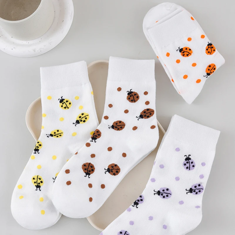 1/4/8/12 Pairs Random Women Classic Personalized Trendy Beetle Polka Dot Pattern Comfortable Breathable Mid‑Calf Socks