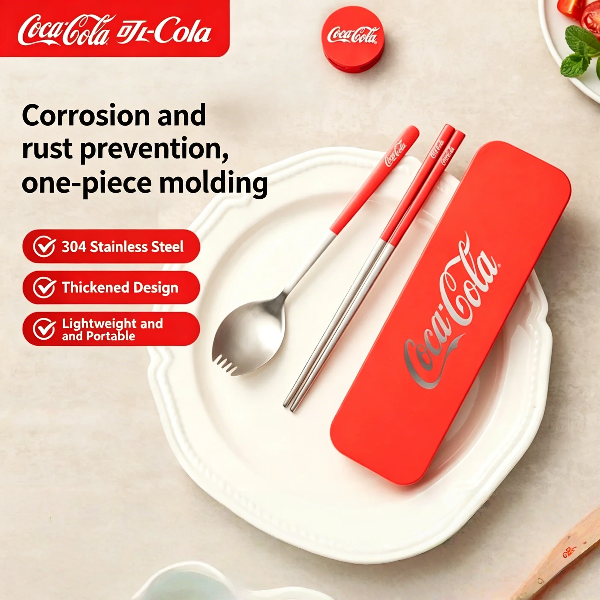 Juego de vajilla Coca Cola, juego de cubiertos portátiles con palillos y cucharas, palillos + cucharas para campamentos, escuela, viajes