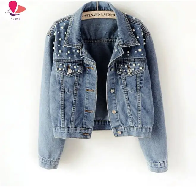 APIPEE New 2024 Pearl Beaded Short Denim Jacket 5Xl Women's Long Sleeve Retro Casual Denim Jacket Bomber Denim Jacket