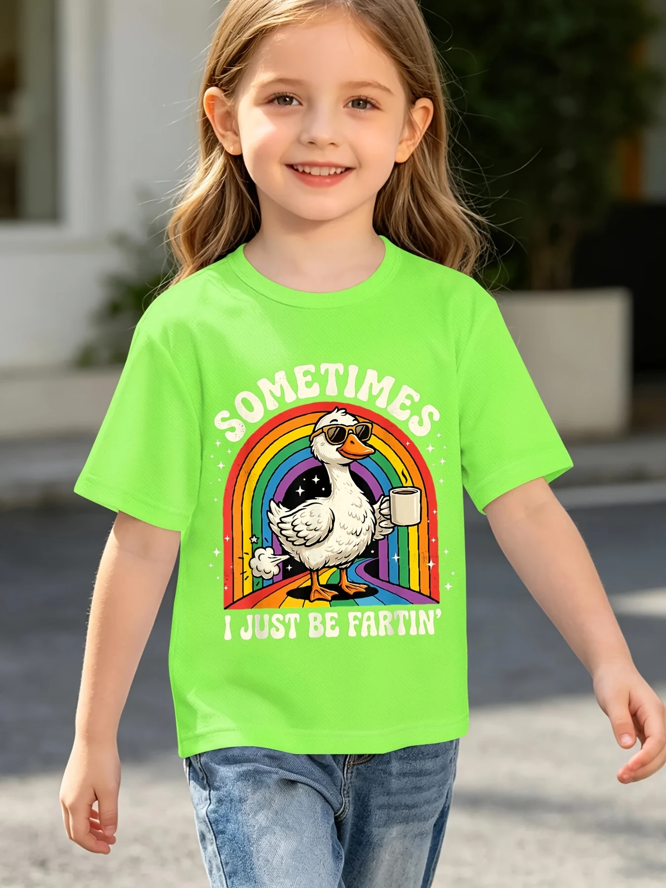 Funny Cool Duck Rainbow Slogan Cartoon Graphic Print T Shirt Family Matching Boys Girls Kids Short Sleeve Daily Tees