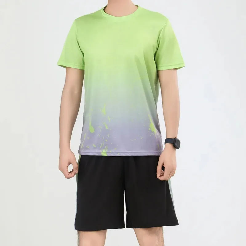 Herren Damen Farbverlauf Sport T-Shirt und Shorts Set Schnelltrocknend Lauf- und Tennis-Outfit