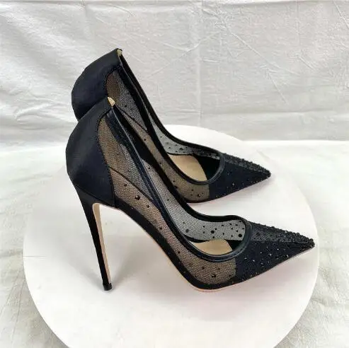 

Sexy Women Black Air Mesh Crystal Rhinestone Hot Drill Sequined Pointed Toe Shallow Slip On 8 10 12 CM Stiletto Heels Pumps