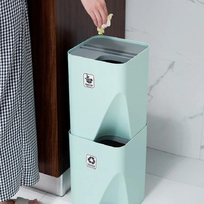 Waste Sorting Trash Can Household with Cover Living Room Kitchen Sorting Paper Basket Wet and Dry Separation Stack Plastic Trash