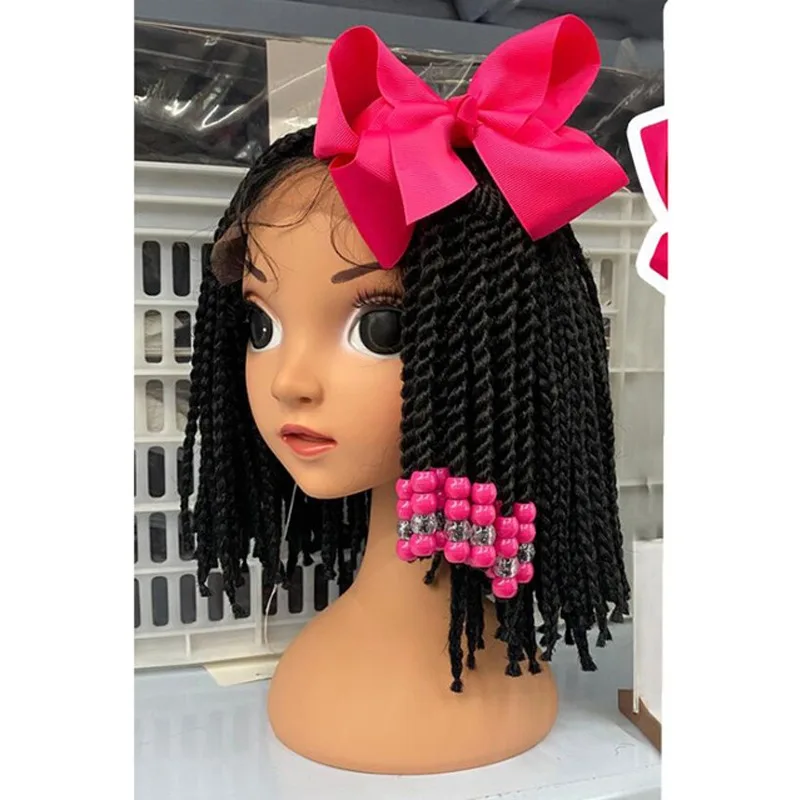 Popular Kids Braided Ponytail with Pink Beads and Black Bow Decoration for Baby Girl Ponytail with Neat Cornrows