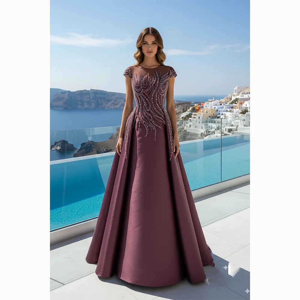 Robes de soirée élégantes manches courtes perle cristal a-ligne robes de soirée longueur de plancher robes de bal robe personnalisée 2025