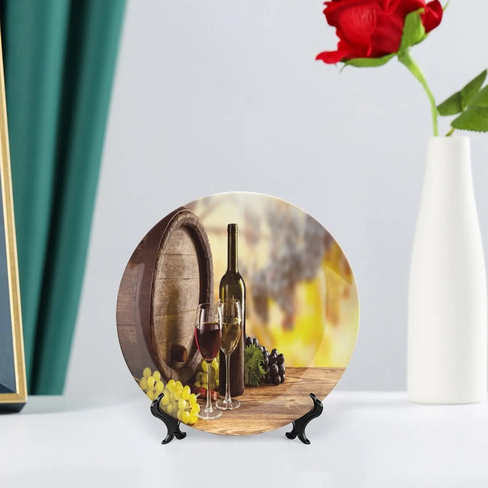 Decorative Plate, Wine Round Porcelain,Red and White Wine Bottle Glass on Wooden Keg Print Ornament Display Plate Handmade Plate