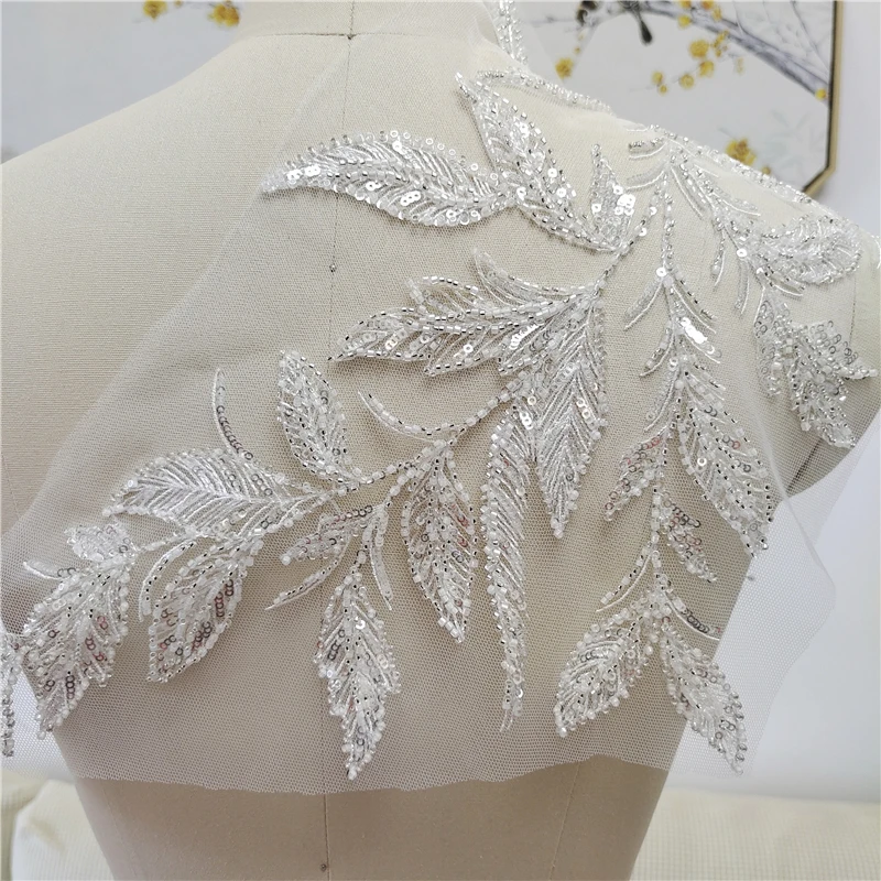 Ivory Beaded Leaf Sequin Tube Accessories Profiling Embroidered Wedding Fabric Dress Top Back Embellishment Material