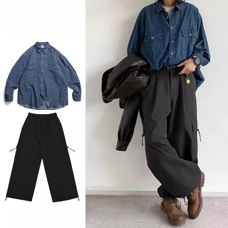 

Loose Long Sve Basic Sle Japanese Workwear Denim irt Women's Spring Autumn New Arrival Two-Piece Set Casual Faion