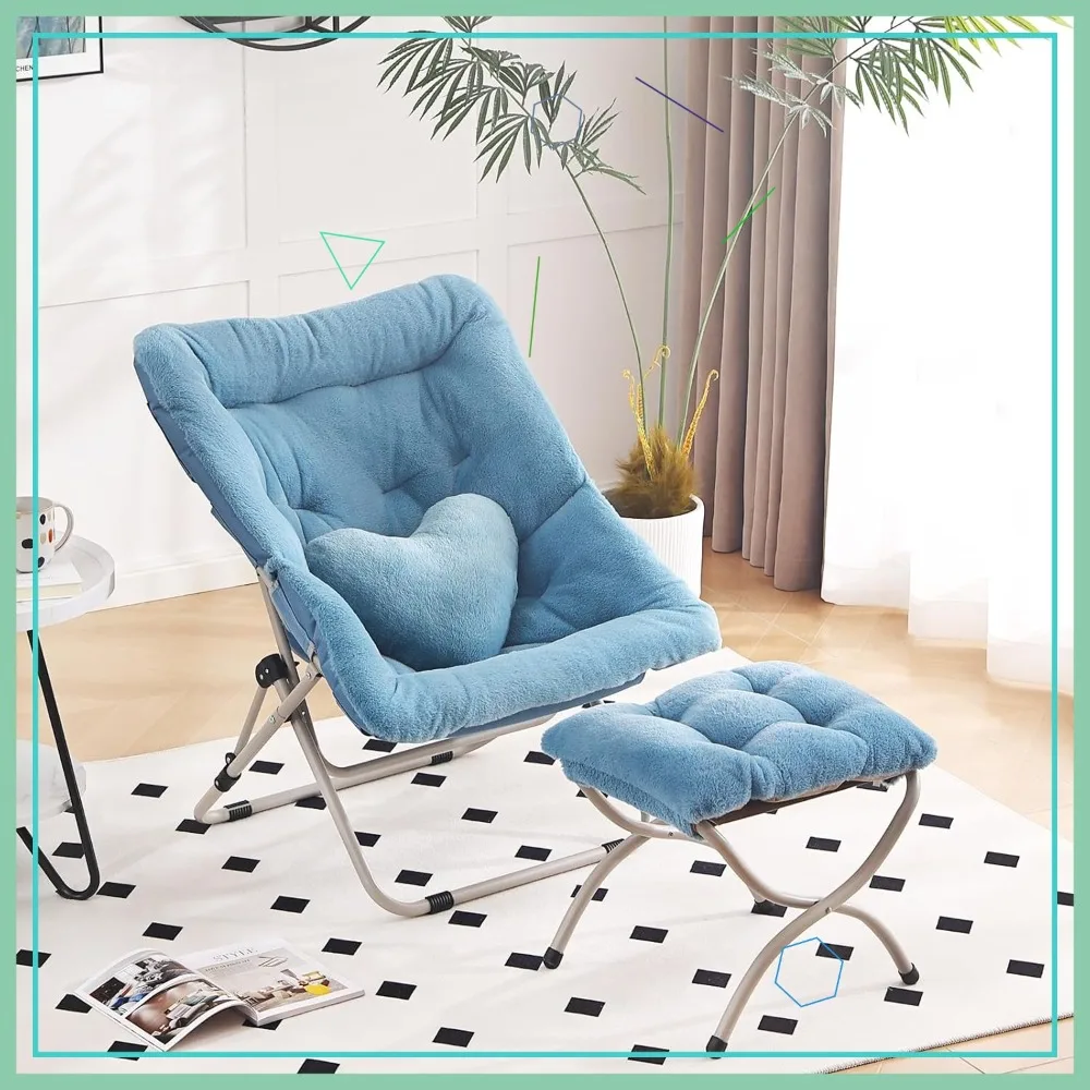 Oversized Faux Fur Saucer Chair with Ottoman, Foldable Lounge Chair for Living Room Bedroom, Blue