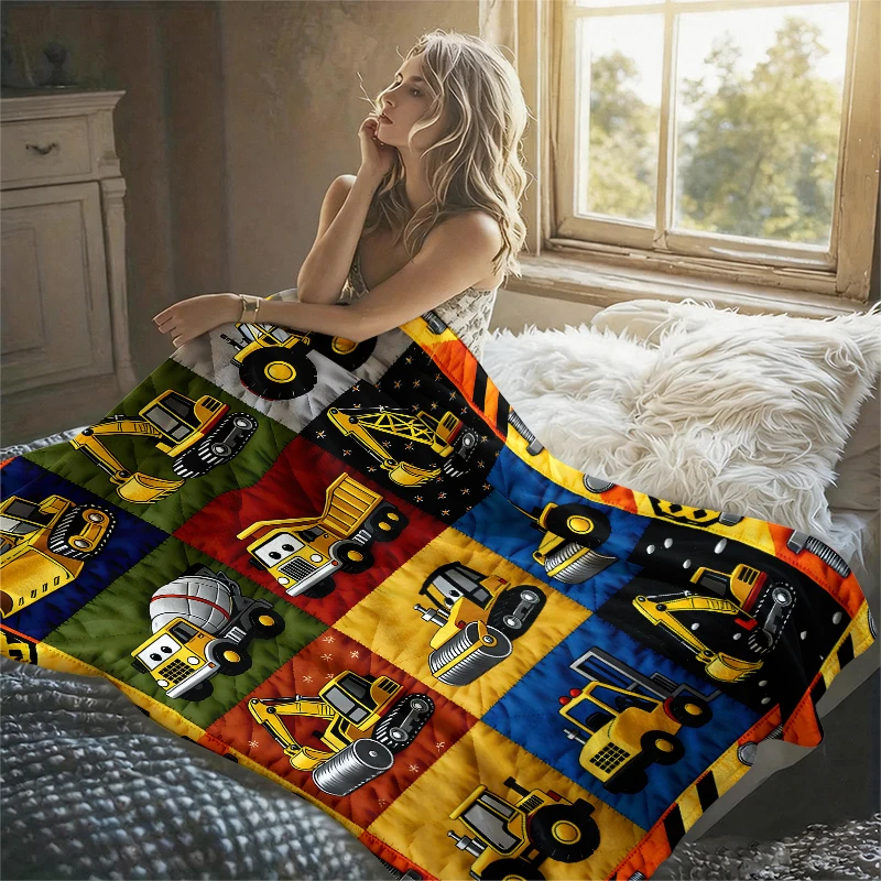 Construction Trucks Grid Ultra-Soft Fluffy Flannel Blanket Super Cozy Lightweight Bed Blanket for Halloween Sofa Bed Christmas