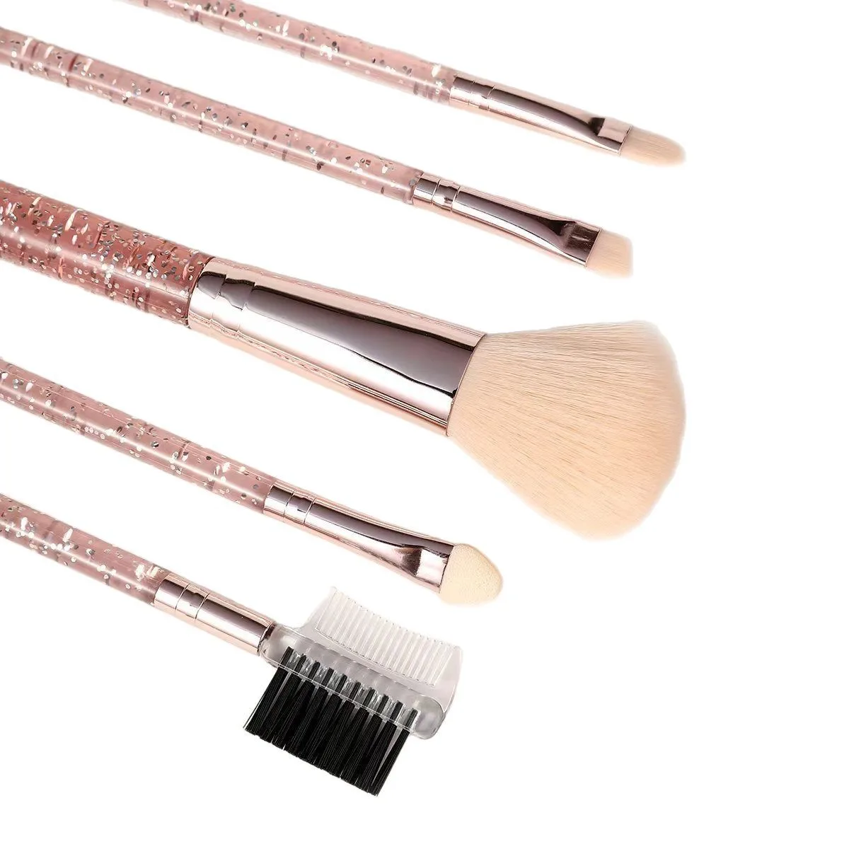 Conjunto de pincéis de maquiagem de cerdas macias, 5 peças com alças de cristal-pó portátil, sombra e pincéis de sobrancelha, kit cosmético de viagem