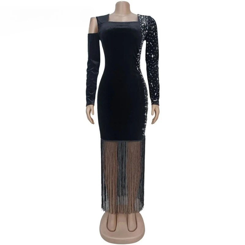 

Women Velvet Cutout Shoulder Long Sleeve Diamonds Rhinestone Tassel Bodycon Midi Maxi Long Dress Birthday Party Dresses 2025 New