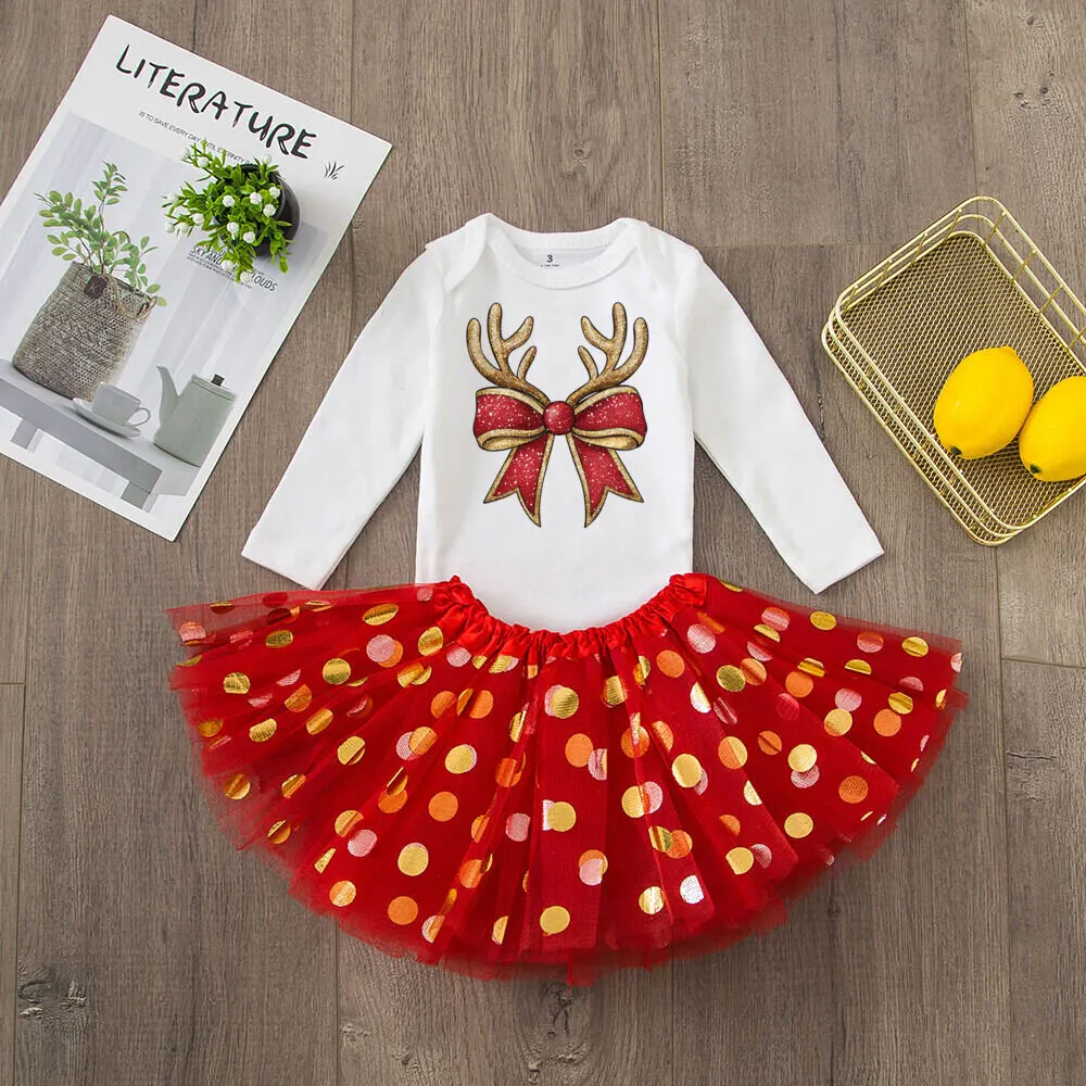 Christmas Vibes Bow Printed Baby Girls Bodysuit Tutu Set Christmas Party Girl Long Sleeve Romper Dress Infant Skirt Outfit 2 Pcs