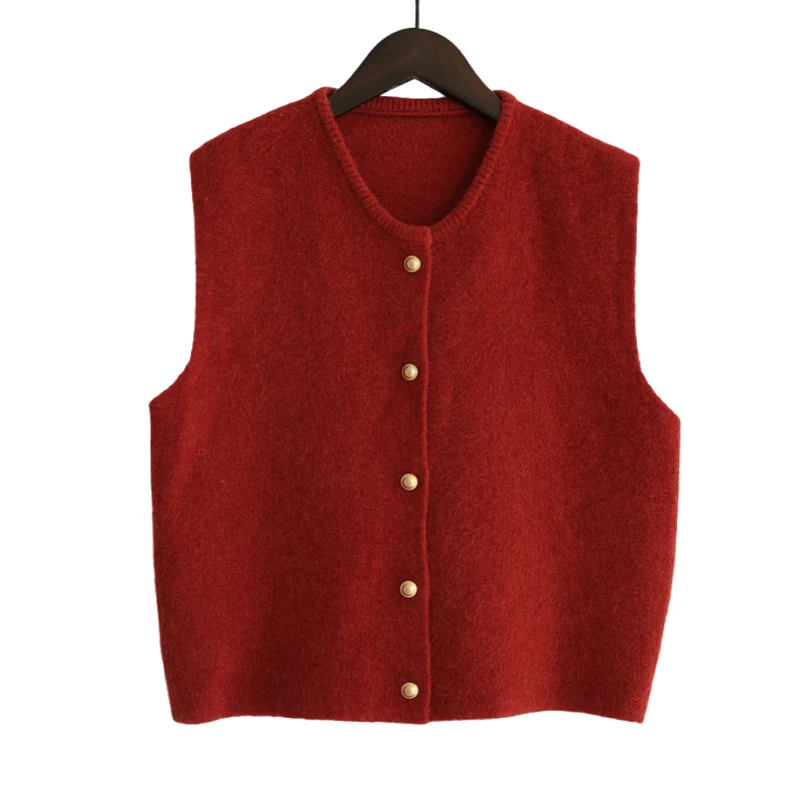 Knitted Vests Women Spring Autumn O-Neck Solid Color Loose Single Breasted Sleeveless Sweaters Waistcoats Fashion Basic Daily