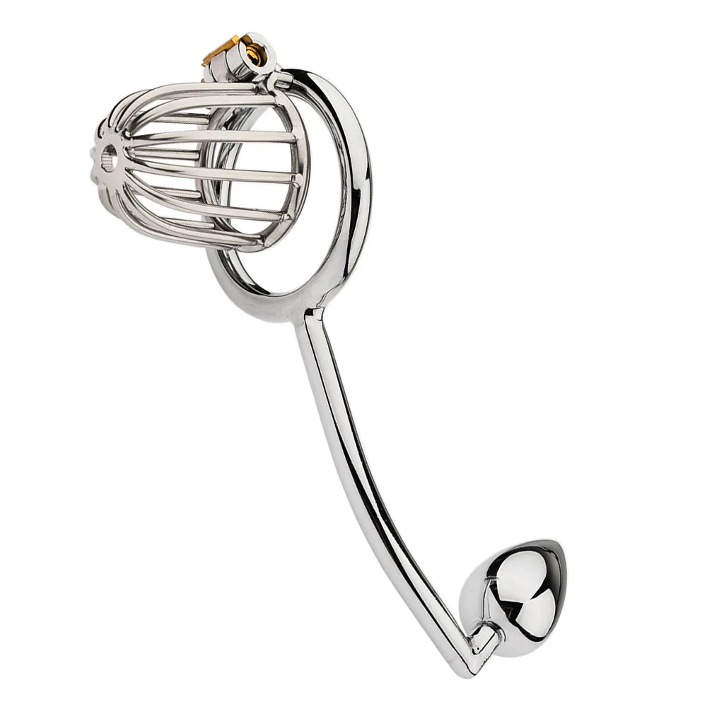 Chastity Cage with Anal Hook 2 in 1 Male Metal Chastity Cage Ring SM Bondage Sex Toy Male Chastity Restraint Device for Man Gay view 2