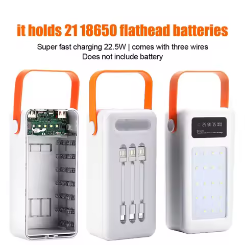 DIY Power Bank Case 18650x21 PD QC4.0 3.0 22.5W Fast Charge Battery Storage Box with Micro Type-c Charging Cable Camping Light