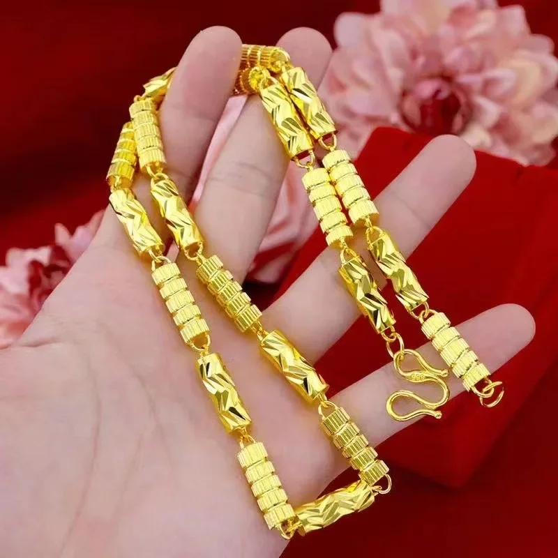 

High quality neck jewelry 24K gold 999 mens hexagonal bamboo necklace AU750 chain human pulse luxury quality jewelry 8mm 60cm