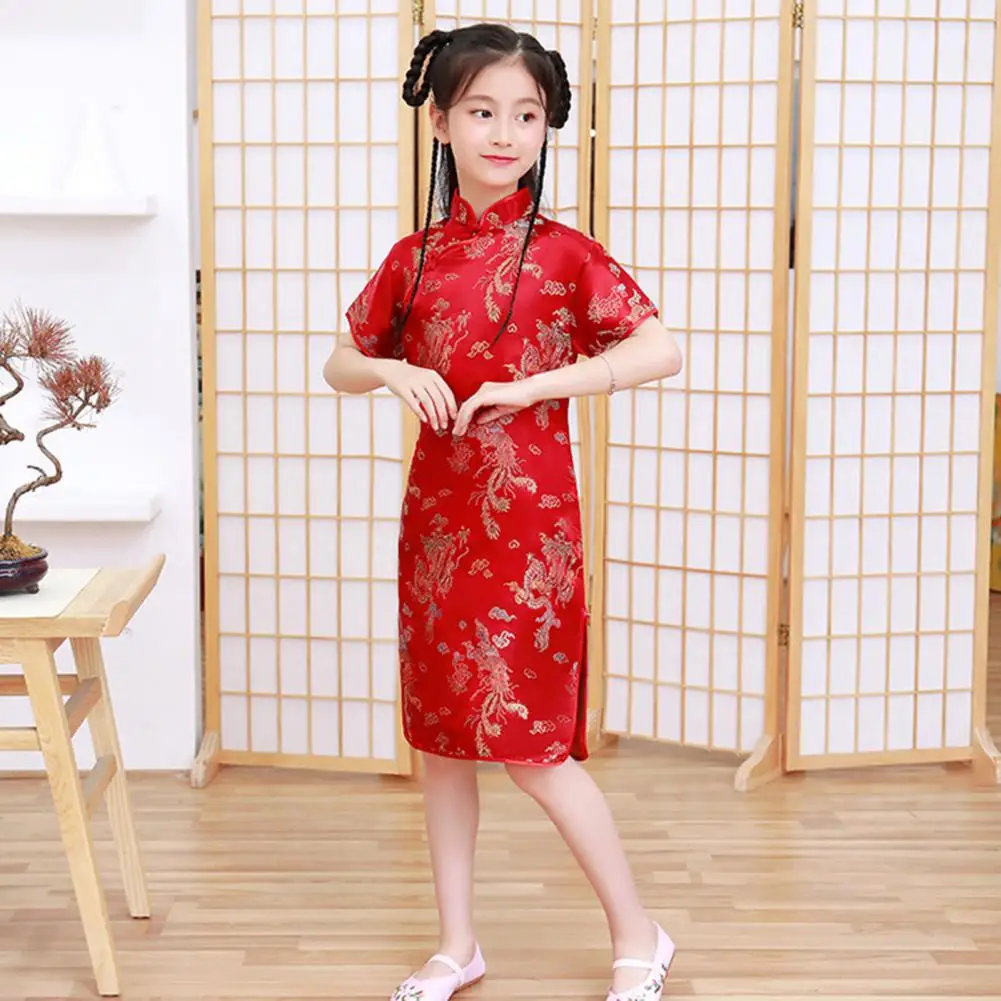 Kids Hanfu Dress Elegant Phoenix Print Split Dress Toddler Cheongsams Dress Summer Dresses Chinese Cheongsams For Girls Dresses