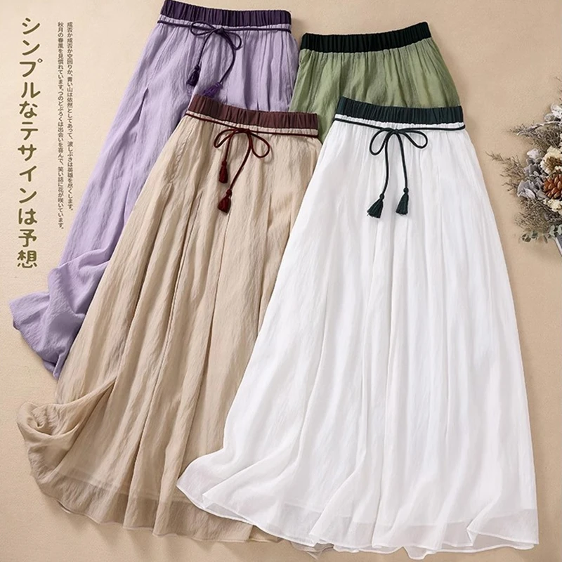 กระโปรงยาวผ้าฝ้ายและผ้าลินินวินเทจของผู้หญิงกระโปรงทรงหลวมเอวสูงแบบลำลองเย็บปะต่อกันกระโปรงแกว่งขนาดใหญ่