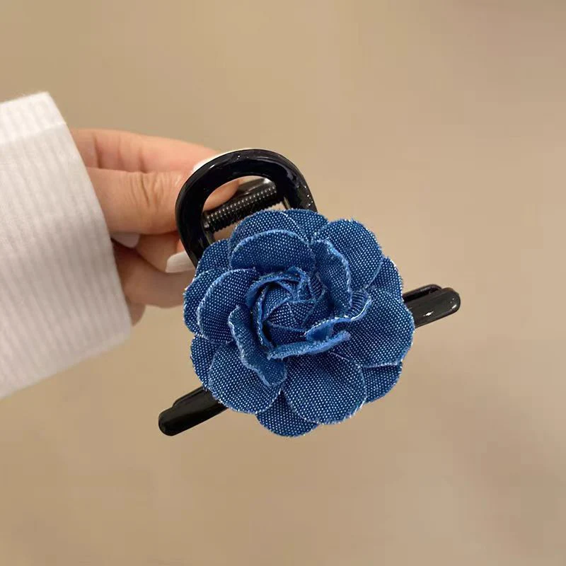 مشبك شعر من أزهار الورد من قماش الدنيم من Lystrfac للنساء والفتيات، مشبك شعر على شكل سمكة قرش، مشبك شعر خلفي، إكسسوارات للشعر #3