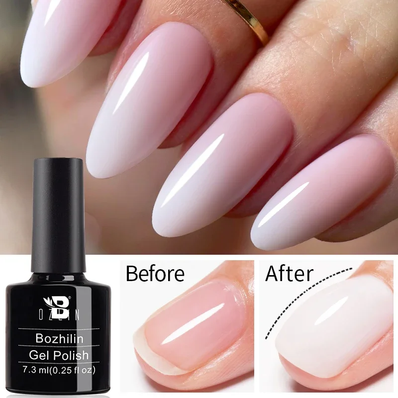 Bozlin Melkachtige Witte Top Coat Gel Polish Gelei Weken Van Nagels Gels Vernis 7.3Ml Uv Led Gel Zelfnivellerende Manicure Base Top Coat