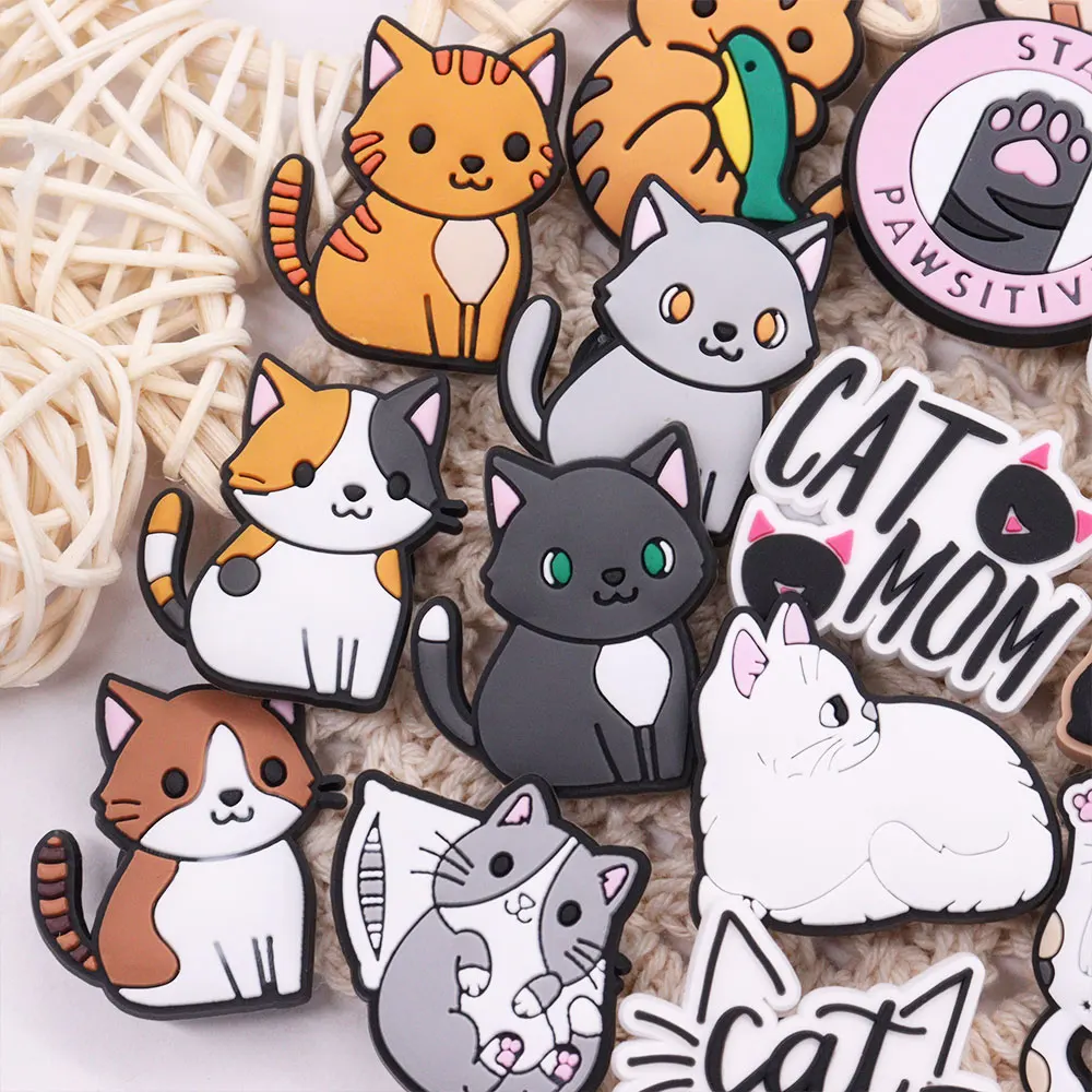 Hot Sales 1-17Pcs PVC Adorable Cats Fishbone Shoe Charms Children Button Clog Accessories Fit Wristband Party Gift