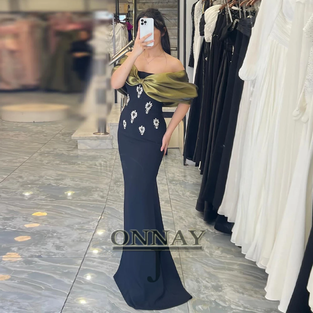 

Customized Fancy Trumpet Graduation Dresses Off The Shoulder Rhinestones Pleated Pearls Saudi Arabric Vestidos De Formatura Plus