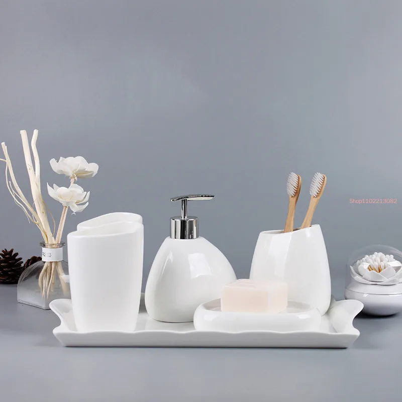 Pure white ceramics Bathroom Accessories Set Soap Dispenser Toothbrush Holder Cotton swab box Wash Products