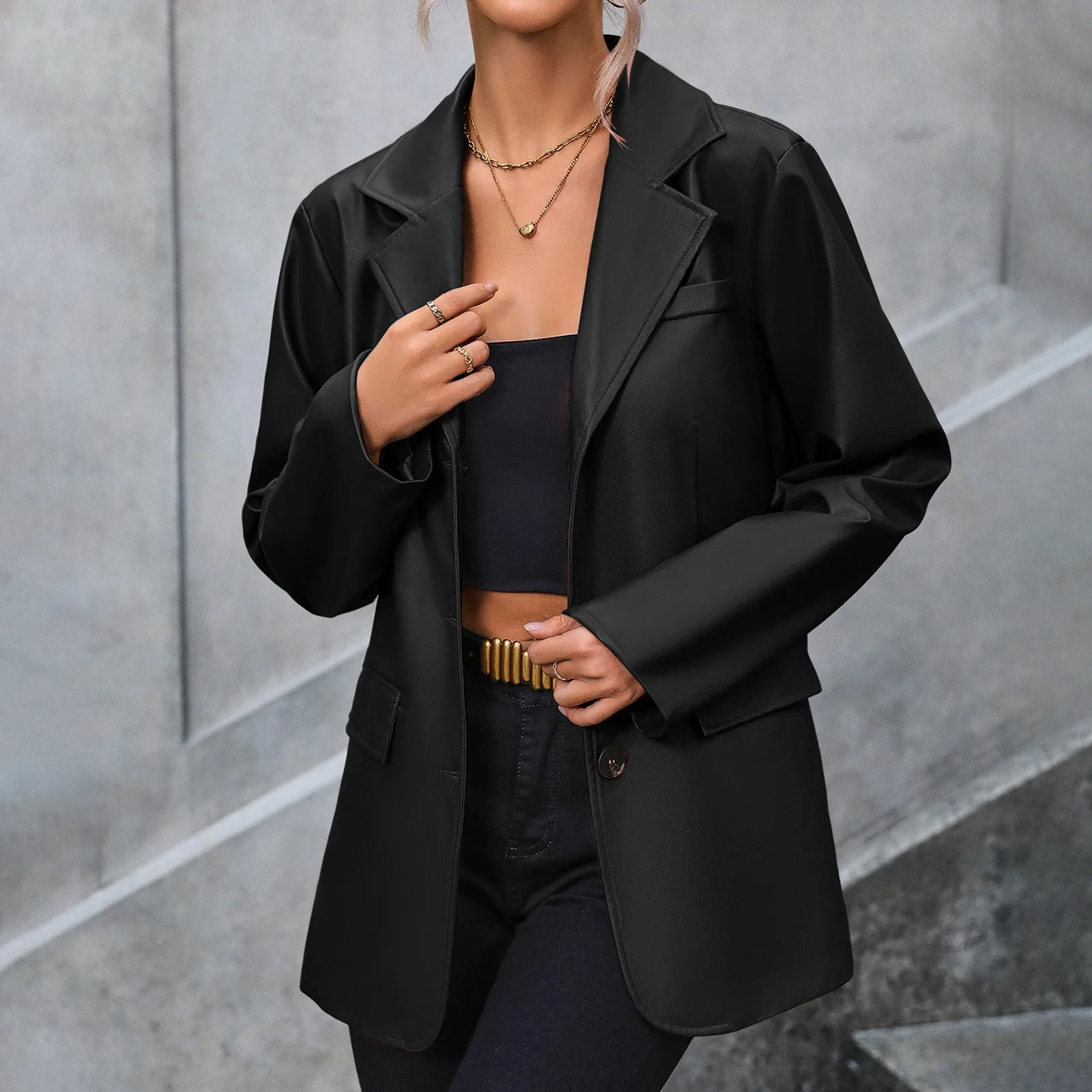 Faux Leather PU Blazer Women Casual Loose Coat Long Sleeved Top Elegant Jackets Outwear for Office Lady Women Official Coat