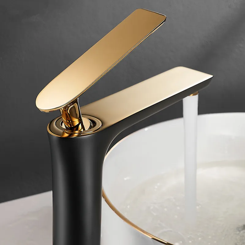 Grifo de lavabo de oro negro de cobre, grifo de fregadero de agua fría y caliente, grifo de baño elevado blanco