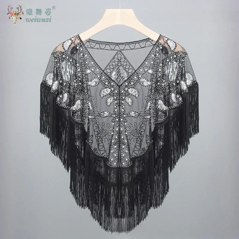 빈티지 연회 및 무도회 이브닝 드레스 스팽글 프린지 숄 메쉬 스팽글 비즈 자수 쉬운 매칭 이브닝 드레스 액세서리