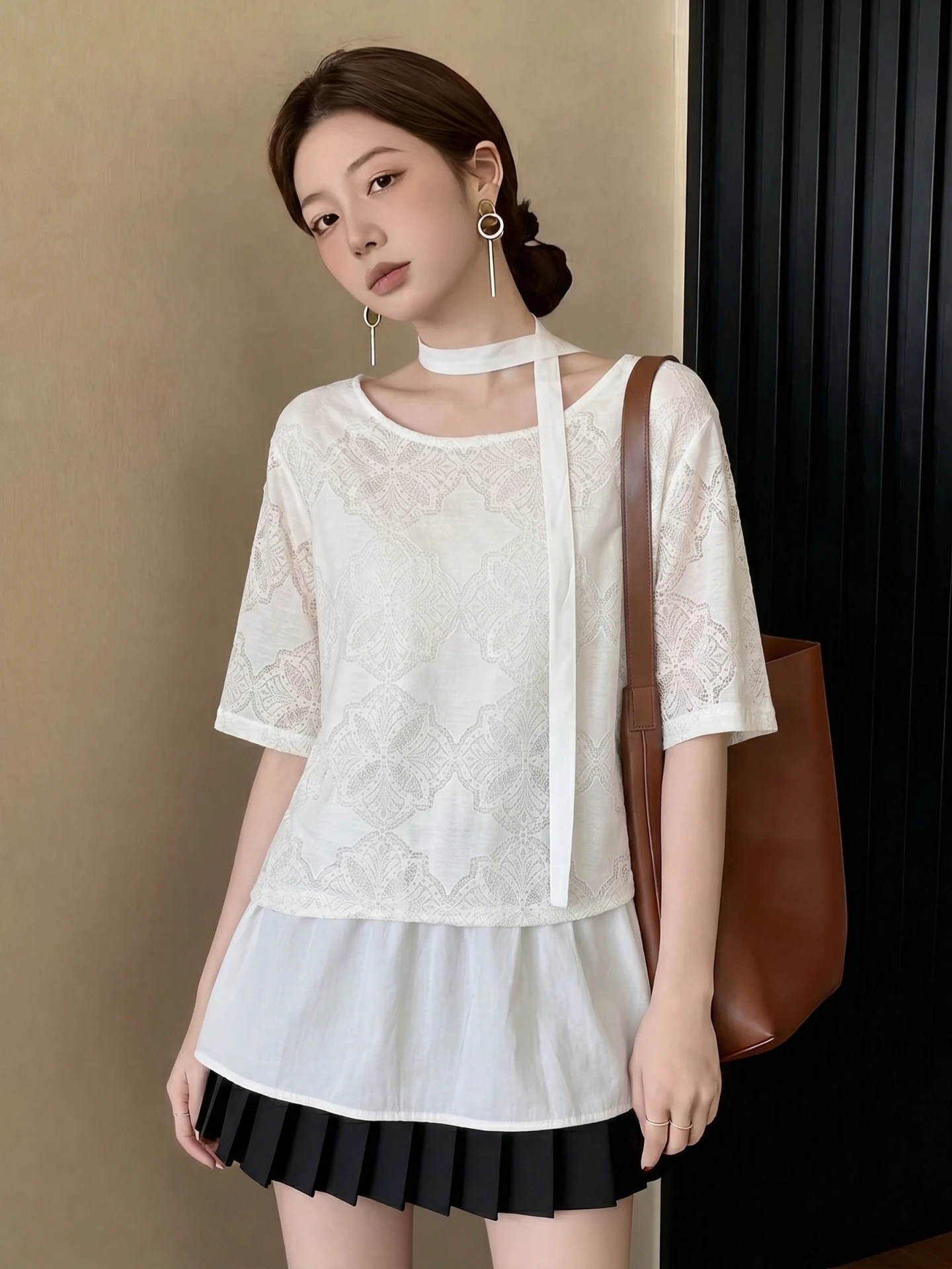 

Lace Splice Short Sleeve Shirt Women's Summer 2026 plus Size Flattering Slimming Hanging Neck Sash Top Korean Style Commute Wind