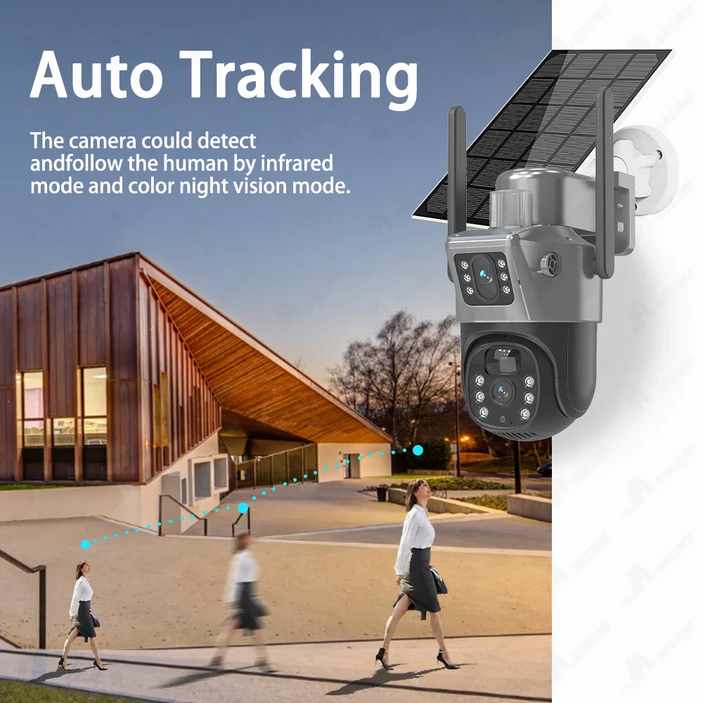 ワイヤレスソーラー監視カメラ,デュアルレンズ,ptzバッテリー,カラーナイトビジョン,pir検出,v380 pro,4g,SIMカード,8mp