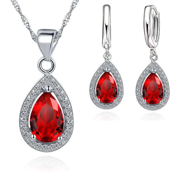 Classic Women Waterdrop Crystal Pendant Necklaces Drop Earring Set For Wedding 925 Sterling Silver Bridal Jewelry Sets