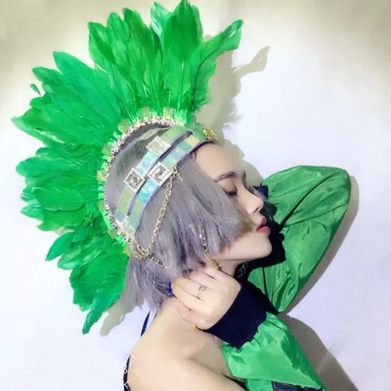 

Green Rhinestone Feather Headgear Singer Dancer Stage Performance Accessories Prop Dance Costume for Women