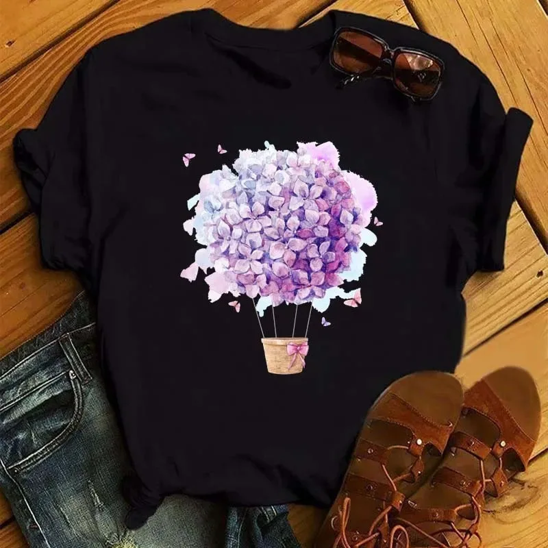 Hydrangea Flower Hot Air Balloon Print T-shirt Romantic Versatile Women's Casual Round Neck Short Sleeve for Daily Wear