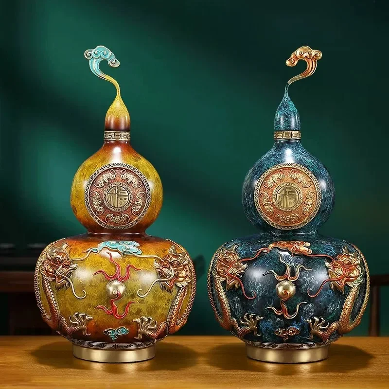 All-copper double dragon play bead gourd ornament Chinese classical living room wine cabinet decoration housewarming gift