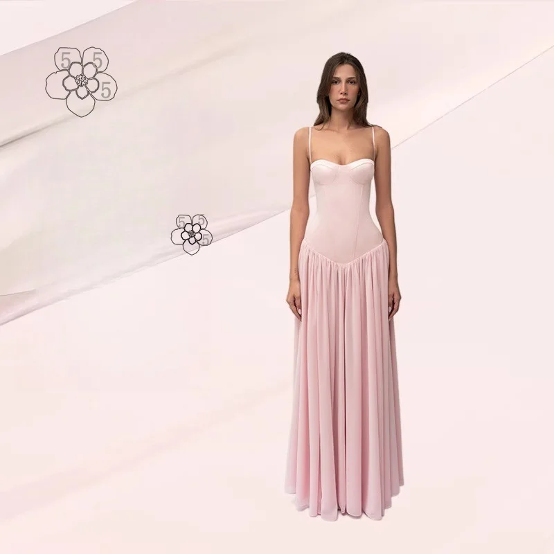 

2026 New Spring Collection Actress Elegant Pink Strap Splicing Waist Skirt Dress Women's Dress