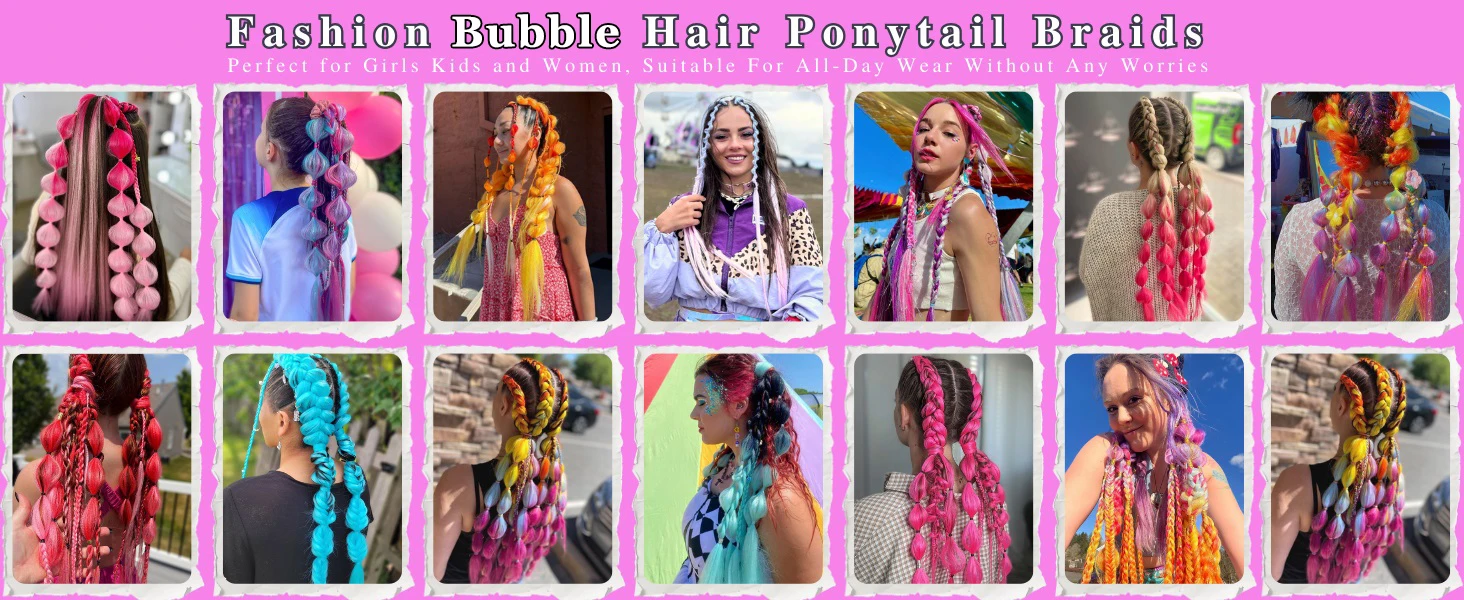 2 Stück Bunte Synthetische Bubble-Pferdeschwanz-Extensions, 20 Zoll Leichte Geflochtene Haarverlängerungen, Festival-Rave-Accessoires – Detail 5