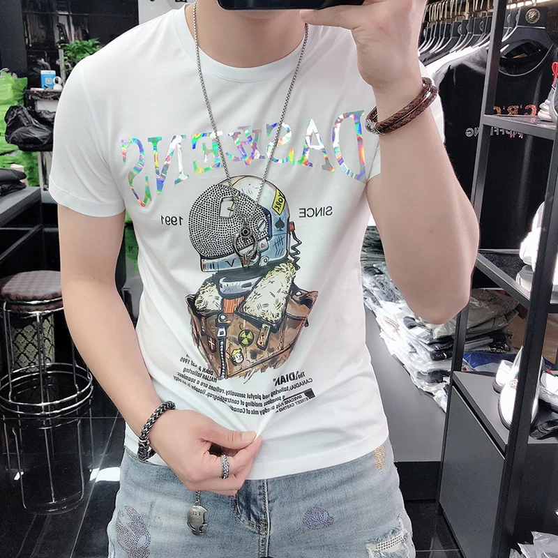Fashion Trendy Man Heavy Industry Hot Diamond Cartoon Printing Short Sleeve Ice Silk  T-shirt Round Neck Slim T-shirt