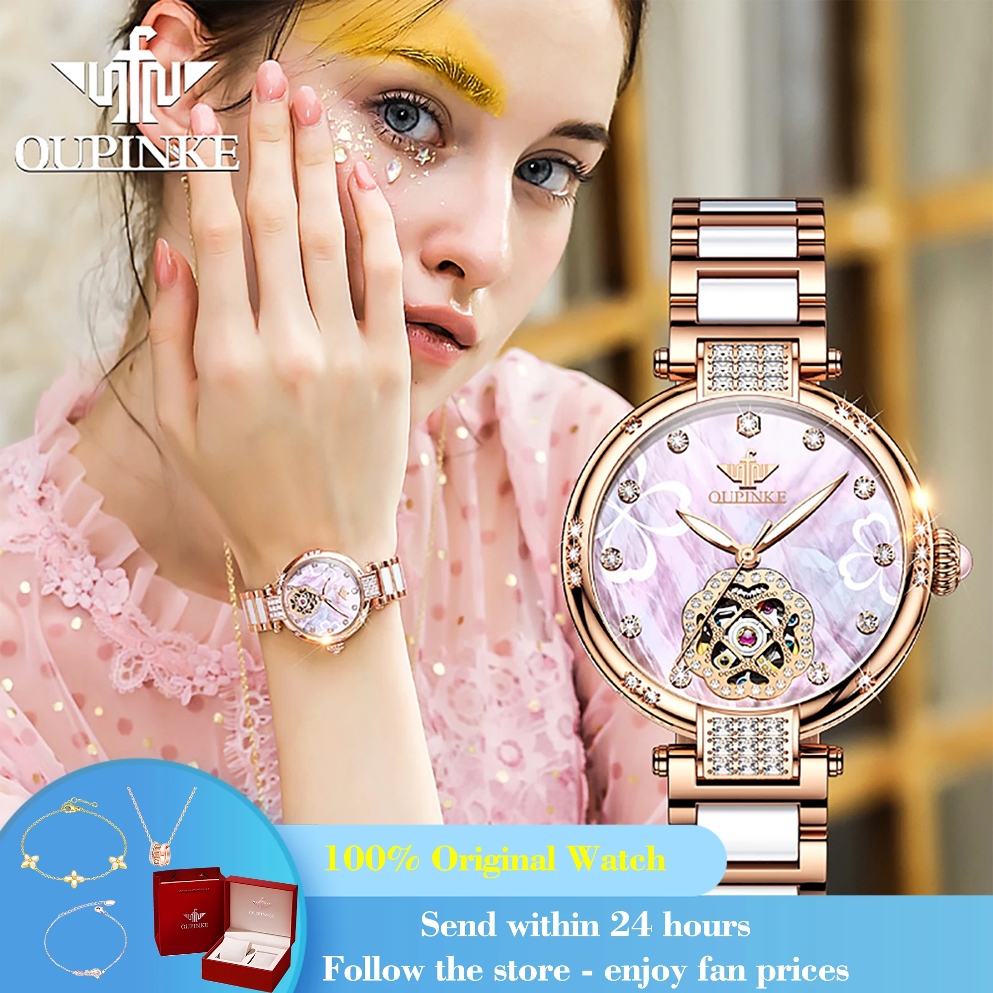 

OUPINKE 3183 Women's Watch Original Hollow Automatic Mechanical Watch For Women Luxury Ceramic Steel Strap Ladies Wristwatch