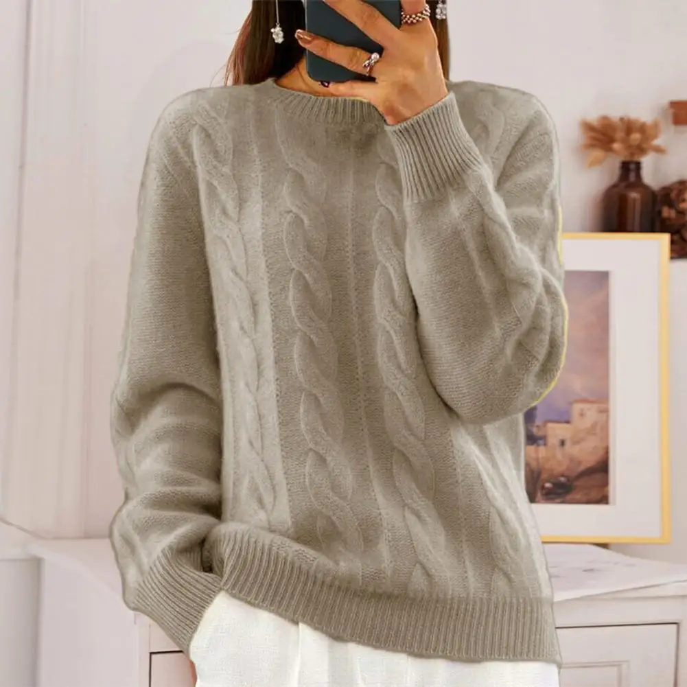 Sweater Women Pullover Round Neck Long Sleeve Twist Texture Knitting Tops Solid Color Loose Fit Retro Pullover Tops