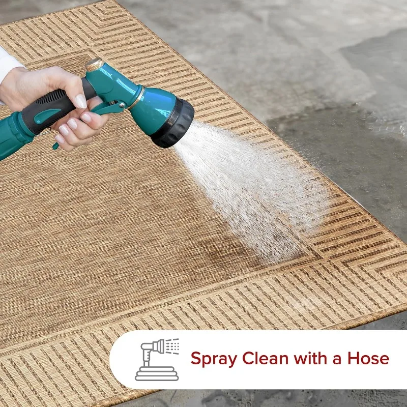 سجادة منطقة خارجية مقاس 9'6 بوصة × 12 بوصة، تصميم كاجوال مع حدود مخططة، مقاومة للبقع، متينة للغاية، للفناء والشرفة وغرفة النوم
